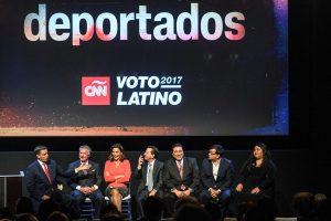 Washington, D.C. - October 16, 2017: Panelists speak during the “CNNE Screening hosted by Juan Carlos Lopez” event at the NCTA—the Internet & Television Association offices in Washington D.C. Monday October 16, 2017. (L-R) Juan Carlos Lopez, Al Cardenas, Maria Elvira Salazar, Roberto Izurieta, Jesus Marquez, Dan Restrepo, Grease Martinez. CREDIT: Matt Roth shoot ID, 27400_001