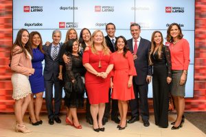 Washington, D.C. - October 16, 2017: Panelists, CNNE event staff and attendees pose for a photo during the “CNNE Screening hosted by Juan Carlos Lopez” event at the NCTA—the Internet & Television Association offices in Washington D.C. Monday October 16, 2017. (L-R, back row) Estefania Jaramillo, Cathy reyes, Miguel Angel Antonazas, Gilda Torres, Bertha Ramos, Juan Cabral, Juan Carlos Lopez, Isabel Bucaram, Maria Elvira Salazar, (Front Row L-R) Ana Maria Luengo , Cynthia Hudson, and Isabel Morales. CREDIT: Matt Roth shoot ID, 27400_001